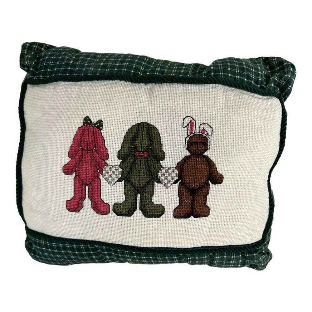 Vintage Cross Stitch Pillow Handmade Easter Bunny Green Plaid Teddy Bear Rabbit